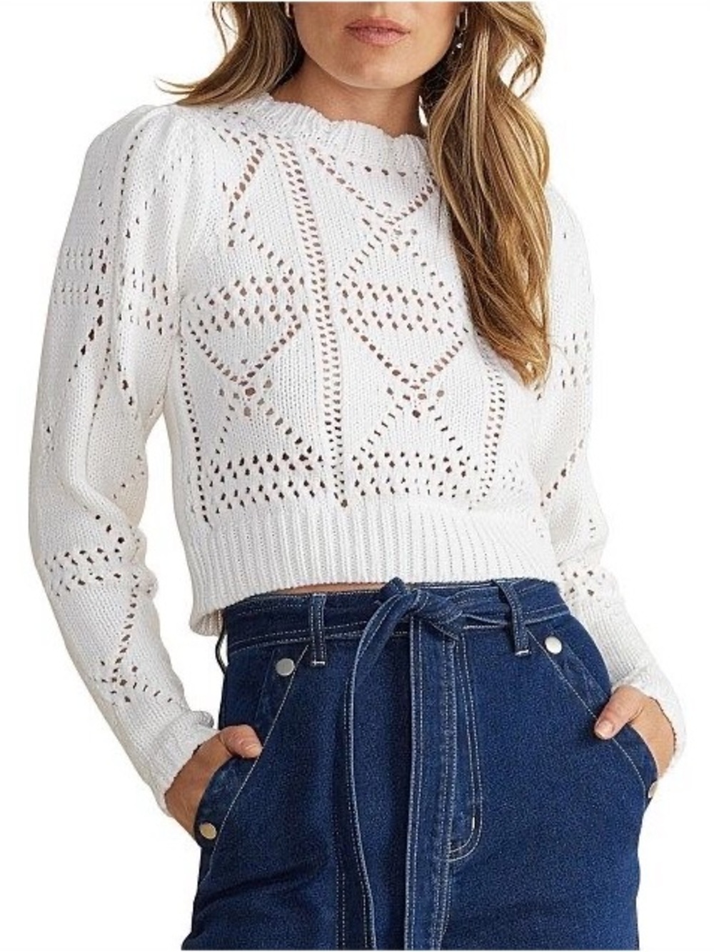 MINKPINK Cara Crochet White Scalloped Edge Sweater SMALL